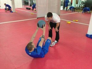 Darran Gibson of Everton F.C working hard on the medicine ball at MGM Marbella